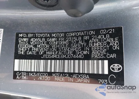 2021 Toyota Corolla Se from USA, damaged, VIN JTDS4MCE6MJ074440